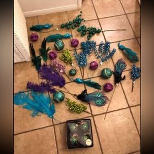 Peacock Christmas tree decorations, huge lot. mostly pier 1